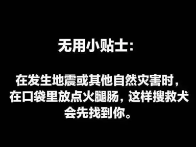 这是一张纯文字梗图，背景为黑色，白色文字居中显示内容：“无用小贴士：在发生地震或其他自然灾害时，在口袋里放点火腿肠，这样搜救犬会先找到你。” 内容以幽默调侃的方式提供了一个看似实用却无厘头的“生存建议”，通过反差感制造笑点。