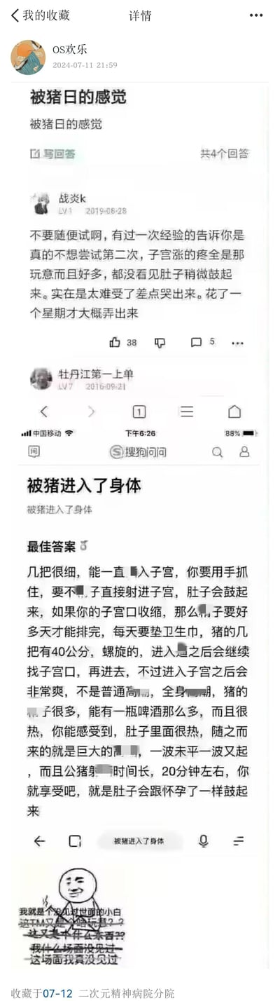这是一张来自微信「我的收藏」的拼接截图，包含三部分内容：第一部分是某问答平台上用户「战炎k」回答「被猪日的感觉」的低俗猎奇内容，描述了所谓的“痛苦体验”；第二部分是搜狗问问里「被猪进入了身体」的最佳回答，包含大量露骨低俗的不实描述；第三部分是暴走漫画风格的表情包，配文“我就是个没见过世面的小白 这TM又是个啥玩意？？ 我什么场面没见过~ 这场面我真没见过”，表达了对前面低俗内容的震惊与无语。整体内容以低俗猎奇的问答为主体，搭配表情包强化了对这类奇葩内容的吐槽情绪。