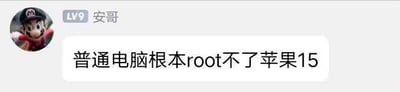 这是一张来自社交平台的聊天记录截图，用户“安哥”（等级LV9，头像是经典游戏《超级马里奥》里的马里奥卡通形象）发送了一条消息，内容为“普通电脑根本root不了苹果15”，围绕苹果15手机的root权限问题进行陈述，图中没有双关、谐音梗或暗示内容。