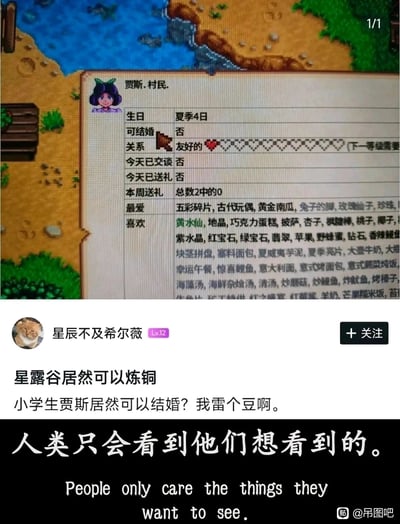 这是一张由游戏截图和社交媒体内容合成的搞笑梗图，上方是农场模拟游戏《星露谷物语》中NPC贾斯的关系信息面板，明确显示贾斯的“可结婚”状态为“否”，关系等级为1心的“友好的”，同时列出了她最爱的物品和喜欢的物品；中间是百度贴吧用户“星辰不及希尔薇”的评论，该玩家误将面板里的“可结婚：否”看成可以结婚，因此发出“星露谷居然可以炼铜 小学生贾斯居然可以结婚？我雷个豆啊。”的惊讶发言；下方配有中英文对照的文字“人类只会看到他们想看到的。People only care the things they want to see.”，用来调侃这位玩家因为主观期待而看错信息的乌龙误会，十分有趣。