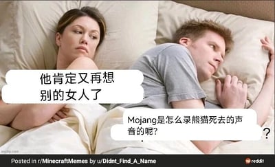 这是一张模板改编的搞笑梗图，使用了经典的夫妻同床的真人场景，左侧的妻子抱着手臂，面露猜忌、不满的神情，内心暗自觉得丈夫在想别的女人；而右侧的丈夫则一脸若有所思，实际上在思考游戏《Minecraft》（我的世界）的开发商Mojang是如何录制熊猫死亡的音效的。图中通过夫妻二人想法的巨大反差制造出强烈的搞笑效果，精准戳中了游戏玩家会在日常生活中突然陷入游戏相关细节思考的状态。针对图中的问题，实际上Mojang并没有录制真实熊猫死亡的声音，这类游戏音效都是通过音频合成技术，或是对其他声音素材进行修改、调整制作而来的，不会涉及到伤害动物的行为，符合伦理与动物保护的相关要求。