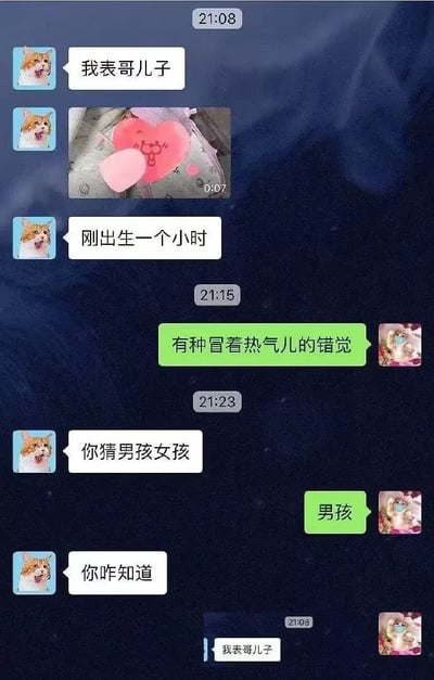 这是一张聊天记录截图，展示了关于刚出生一小时的表侄的对话。一方发送消息称这是自己表哥的儿子，刚刚出生一个小时，并分享了一张照片。对方回复说有种冒着热气儿的错觉。随后发送方让对方猜测婴儿性别，对方猜是男孩，发送方反问"你咋知道"。聊天界面显示一方使用猫的头像，对话时间在21:08到21:23之间。
