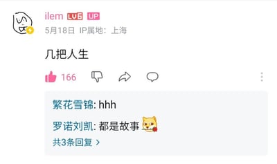 这是哔哩哔哩平台UP主ilem的一条动态截图，发布于5月18日，IP属地显示为上海。动态仅发布了“几把人生”四个字，该内容是谐音梗，谐音粗俗用语，用以戏谑、自嘲式地抒发对人生的无奈感慨，动态获得了166个点赞。评论区有两条可见回复，用户“繁花雪锦”用“hhh”表达调侃，用户“罗诺刘凯”则回复“都是故事”并附带叼玫瑰的Doge表情包，暗示这条简短动态背后藏着不少人生经历，该动态共有3条回复。