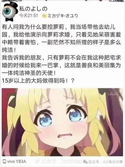 这是一张图文混排的社交媒体梗图，上方是用户“私のよしの”发布的一段争议性发言，发言者自称喜欢萝莉的原因是向萝莉求婚时对方只会表现出呆萌害怕的样子，不会像15岁以上的人一样拒绝自己，甚至将萝莉称作“纯洁神圣的天使”，还贬低15岁以上的女性为“大妈”；下方搭配了一张出自《天使降临到了我身边！》的姬坂乃爱截图，角色面露惊恐、双眼瞪大，表情慌张，与上方发言形成强烈的讽刺效果，凸显出发言的怪异和违背公序良俗的性质，用来吐槽这类不当的恋童倾向言论。