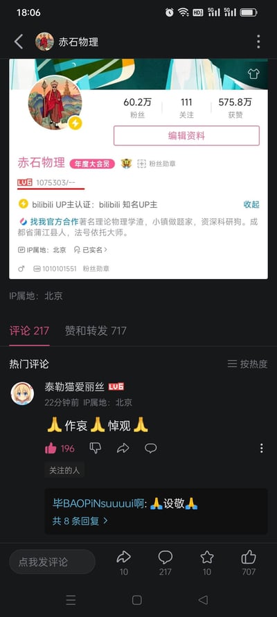 这是B站（bilibili）知名知识类UP主「赤石物理」的个人主页及评论区截图。页面显示该UP主拥有60.2万粉丝、575.8万获赞，为B站LV6用户、年度大会员，认证为bilibili知名UP主，简介自称是理论物理学渣、小镇做题家、资深科研狗，来自成都蒲江县，法号依托大师（谐音“一坨大师”，属于玩梗），IP属地为北京。评论区热门评论由用户「泰勒猫爱丽丝」发布，内容为“🙏作哀🙏悼观🙏”，另有回复“🙏设敬🙏”，整体评论氛围肃穆，推测是有相关悼念事件发生。