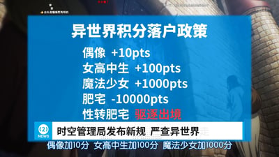 这是一张基于动画截图二次创作的玩梗图，模仿新闻播报的形式推出「异世界积分落户政策」，将现实的积分落户规则与异世界题材的常见设定结合：偶像加10分，女高中生加100分，魔法少女加1000分，而肥宅直接扣10000分，性转肥宅被驱逐出境。图中还带有弹幕吐槽，比如「台长是懂庵野秀明的」「等一下，怎么目前为止全都是异世界？」，下方字幕重复加分规则，通过反差感调侃异世界番剧里的固化主角设定，充满搞笑戏谑的氛围。