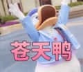 图片中是一个穿着蓝色外套的卡通鸭子角色，双手高举过头顶，表情看起来兴奋且激动。画面右侧配有醒目的紫色文字“苍天鸭”，利用“鸭”与“呀”的谐音，将“苍天呀”改编为带有动物形象的幽默表达，常用于网络聊天中传递惊讶、感叹等强烈情绪。