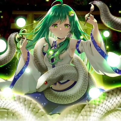 这是一张《东方Project》的同人创作静态插画，画面核心角色是东风谷早苗：她有着光泽感十足的青绿色长发，发间点缀着标志性的青蛙发饰，身着带有蓝白纹样的巫女风格服饰，双手各持一支毛笔。一条红瞳灰白色大蛇缠绕在她的腰腹与周身，蛇身纹理清晰。背景是泛着朦胧绿光的神社风格场景，四处漂浮着明亮的发光光球，整体画面精致华丽，充满奇幻神秘的氛围，完美契合东方系列的幻想世界观。