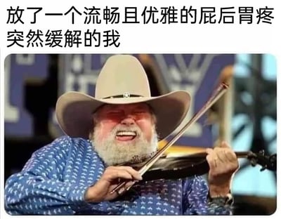 这是一张图文结合的网络梗图，画面上方配有文字“放了一个流畅且优雅的屁后胃疼突然缓解的我”，下方是美国乡村音乐演奏家查理·丹尼尔斯在演出时的真实画面：他戴着浅棕色牛仔帽，留着花白胡须，身穿蓝色带图案上衣，正张嘴大笑，表情极度愉悦畅快，双手持握小提琴进行演奏。夸张的面部表情和投入的演奏动作，完美呼应了文字所描述的——肠胃不适通过排气缓解后，那种从痛苦瞬间转为极度舒畅、快乐的状态，用接地气的搞笑方式，调侃了这种日常又尴尬的身体体验，容易引发网友的共鸣。