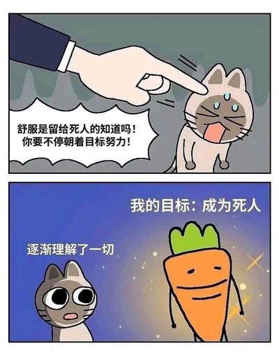 这是一幅由上下两格组成的卡通连环搞笑图。第一格中，一只代表说教者的手正用手指戳着一只暹罗猫的头，配文传递出典型的施压式励志鸡汤：“舒服是留给死人的知道吗！你要不停朝着目标努力！”，猫咪被戳得痛苦张嘴，呈现出被施压的状态。第二格背景变为梦幻的星空，一只拟人化的胡萝卜面带微笑，说出“我的目标：成为死人”，旁边的暹罗猫瞪大双眼，配文“逐渐理解了一切”。这幅图通过对励志鸡汤的反向解构，用荒诞的逻辑将“努力的目标”扭曲为“获得舒服（成为死人）”，以黑色幽默的方式讽刺了当下职场中过度内卷、施压式励志的现象，精准契合了年轻人渴望躺平、抵触无意义努力的心态。