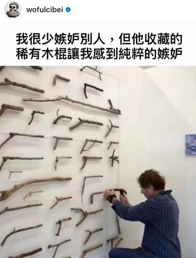 图片上方为社交媒体用户'wofulcibei'的发文，内容为'我很少嫉妒别人，但是他收藏的稀有木棍让我感到纯粹的嫉妒'。下方图片中，一名男子正专注地将多根形状各异的木棍排列固定在白色墙面上，木棍看起来普通却被调侃为'稀有'，形成幽默反差效果。