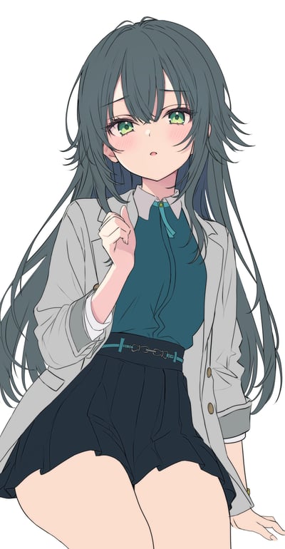 这是一张竖版AI生成动漫插画，画面主体是一位原创虚拟少女：她有着蓬松的墨绿长碎发，翠绿的眼眸亮晶晶的，脸颊布满红晕，微微张嘴露出无措又害羞的神情。她身着灰西装外套、湖蓝色内搭衬衫与深色百褶裙，单手握拳抬在胸前，姿态娇俏软萌，整体风格清新治愈，没有双关、谐音梗或暗示内容。