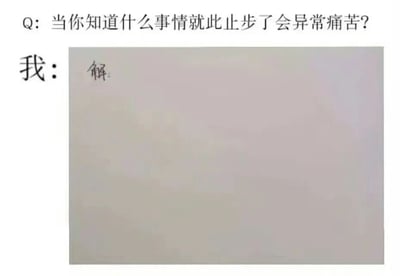 图片上方为问题“当你知道什么事情就此止步了会异常痛苦？”，下方“我：”旁边是一张白纸，纸上用黑色笔迹写着“解”字。通过将“解”（解题/解答）与“止步会痛苦”结合，幽默表达了做题时解到一半卡住的无奈与痛苦，尤其能引起学生群体共鸣。