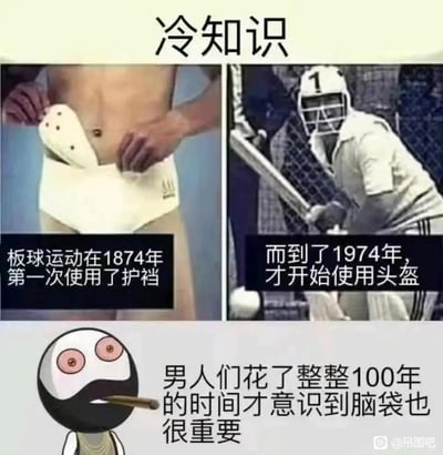 这是一张搞笑冷知识梗图，通过左右两张对比图展示板球运动的护具发展历史：左侧图呈现板球运动在1874年就开始使用护裆的场景，右侧图则显示这项运动直到1974年才开始引入头盔防护。图下方搭配了一个叼着雪茄的阴阳脸表情包，配文调侃“男人们花了整整100年的时间才意识到脑袋也很重要”，用夸张的时间差制造反差感，吐槽男性在防护优先级上的有趣差异，以此达到幽默搞笑的效果。