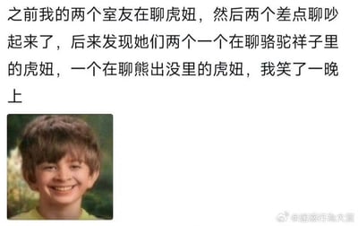 这是一张图文混排的搞笑梗图，上方文字讲述了一则生活乌龙趣事：作者的两位室友因聊“虎妞”差点发生争执，最终发现两人聊的是完全不同的角色——一位说的是老舍经典小说《骆驼祥子》中的泼辣女性虎妞，另一位聊的是国产动画《熊出没》里的动物角色虎妞，这种同名不同角色的误会让作者笑了一整晚；下方搭配了一张眯眼咧嘴坏笑的小男孩表情包，进一步放大了这件事的搞笑氛围，让读者更能共情这份欢乐。