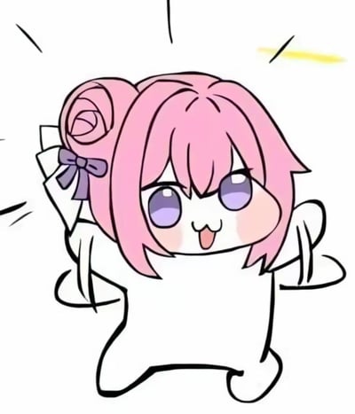 这是一张来自韩国手游《胜利女神：妮姬》角色桃乐丝的二创表情包。图中是粉色四足动物形象的Doro，有着粉色的头发，扎着两个卷发 buns，戴着紫色蝴蝶结，大大的紫色眼睛，张开嘴巴露出开心的表情，身体是白色的，正举起双手欢呼。整体画风可爱呆萌，线条简单。