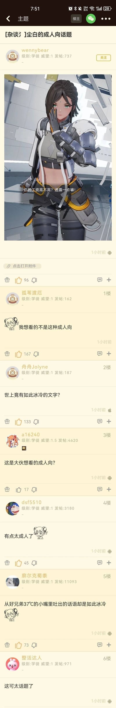 这是一张游戏社区论坛的竖屏截图，楼主用户wennybear发布了标题为“[杂谈氵]尘白的成人向话题”的帖子，内容是游戏《尘白禁区》的女性角色截图，角色配文“你的工资高不高？透露一点嘛！”。评论区用户纷纷留言玩梗，指出这个“成人向”并非大家预期的擦边内容，而是直指现实职场中询问工资的扎心成人话题，形成强烈反差：1楼用户表示“我想看的不是这种成人向”，2楼用户吐槽“世上竟有如此冰冷的文字？”，其他评论也围绕这种“过于真实的成人向”展开调侃，用职场话题的现实感制造出搞笑又扎心的效果。