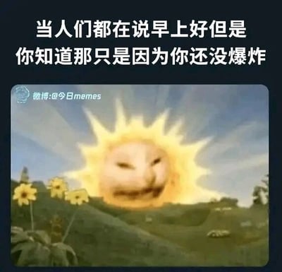 这是一张经过P图改编的静态梗图，画面主体是将经典幼儿节目《天线宝宝》里的太阳形象替换成了一张带有戏谑、阴阳怪气质感的猫脸，背景保留了节目里的绿色山坡与黄色小花的场景。图的上方配有文字“当人们都在说早上好但是你知道那只是因为你还没爆炸”，这里的“爆炸”运用了双关含义：一方面对应太阳本身的天体爆发属性，另一方面暗指人的情绪失控爆发，以此讽刺社交场景中，他人表现出的友好往往是建立在对方尚未情绪发作的基础上，用可爱的IP形象外壳搭配犀利的吐槽内容，形成强烈的反差感，精准传递出对表面化社交的调侃与无奈情绪。