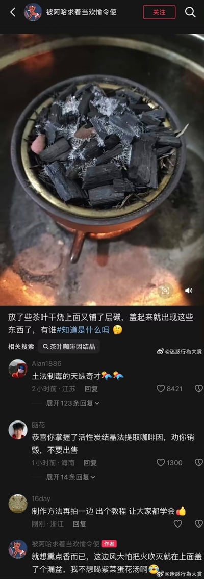 这是一张社交媒体内容截图，顶部是用户发布的实拍图：小炭炉内的木炭表面长出了大量白色针状结晶，楼主配文说明自己原本是放了茶叶干烧，之后在上面铺了一层碳，盖起来之后就出现了这些不明白色物质，询问网友该物质是什么，相关搜索提示为“茶叶咖啡因结晶”。下方是网友的评论区，多条评论玩梗调侃楼主的操作相当于土法提取咖啡因，还有网友起哄要教程，最后楼主回复澄清自己本来只是想熏香，盖盆是怕风大吹灭火，还搞笑吐槽自己不想喝紫菜蛋花汤，整体氛围轻松搞笑。