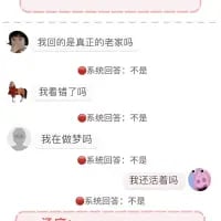 这是一段竖屏手机格式的聊天记录截图，对话中用户先后抛出四个灵魂拷问：“我回的是真正的老家吗”“我看错了吗”“我在做梦吗”“我还活着吗😢”，而系统对每一个问题都给出了“不是”的否定回答，用一连串的绝对否定构建出一种荒诞、细思极恐的氛围，将用户从对具体事件的怀疑推向对自身存在的质疑，充满黑色幽默。