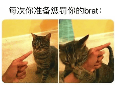 图片为左右对比的图文混排梗图，上方文字为'每次你准备惩罚你的brat：'。左侧画面中，一只虎斑猫正严肃地注视着指向它的手指，表情倔强；右侧画面中，同一只猫被手指轻轻捏住脸颊，双眼紧闭，表情温顺可爱，形成准备惩罚调皮宠物时从严肃到心软的幽默对比。
