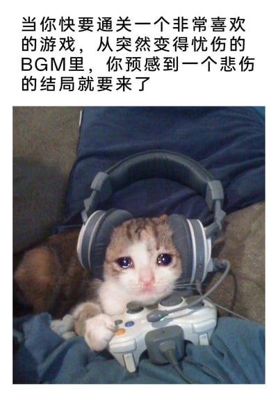 这是一张引发游戏玩家共鸣的表情包，上方配有中文文案：“当你快要通关一个非常喜欢的游戏，从突然变得忧伤的BGM里，你预感到一个悲伤的结局就要来了”；下方是一张真实拍摄的照片，一只棕白相间的小猫戴着尺寸偏大的头戴式耳机，眼眶含泪，神情悲伤委屈，爪子搭在白色的游戏手柄上，将小猫拟人化，完美诠释了玩家在即将通关喜爱的游戏时，预感到悲剧结局的不舍、悲伤与失落的复杂情绪，容易让有类似经历的游戏玩家产生强烈共情。