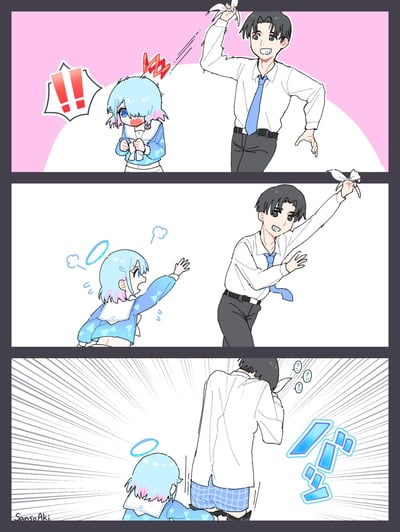 这是一则三格原创卡通连环漫画，讲述了一场趣味恶作剧的反杀剧情：
1. 第一格：穿白衬衫打蓝领带的男生得意地扯下蓝发女生的白色领结，女生瞬间露出震惊的表情，肚子也随之暴露，红色感叹号和愤怒符号凸显她的惊讶情绪；
2. 第二格：女生急忙伸手追赶拿着领结跑开的男生，脸上满是着急，头上的晕眩圈表现出她的慌乱；
3. 第三格：女生成功反击，扯掉了男生的西裤，男生露出蓝格纹短裤，一脸懵圈，画面的速度线和蓝色拟声词强化了这一反杀瞬间的戏剧性。
整个故事没有对白，完全靠画面传递搞笑的恶作剧反杀情节，没有双关或谐音梗。