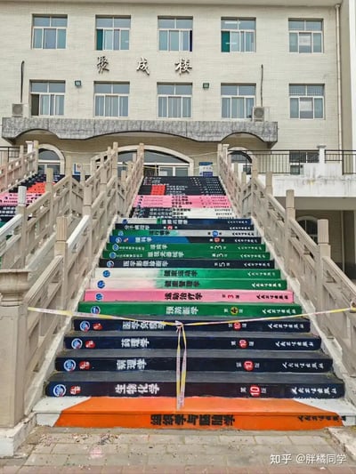 这张图片拍摄于一所中国学校的教学楼前，主角是门前直通主楼的彩色台阶。每一级台阶上都印有各种励志的标语或倒计时，让学生每跨越一步都能获得一句正能量的鼓励，被戏称为“高考爬楼打卡圣地”。这些台阶色彩鲜明，内容涵盖了考试加油、人生激励、自律等多重校园主题，非常符合中国学生考试季紧张又团结向上的氛围。整张图展现了一种以视觉提醒激发学习动力的校园文化，有独特的中国式幽默——“字面和行动的双关”，寓意着“步步高升”。

有趣的是，台阶的内容与“上台阶”这一动作发生了谐音与象征意义上的双关（“步步高升”、“学业进步”）。

图中没有出现人物，仅有建筑与台阶特写。