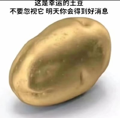 这是一张传递美好期许的幸运祝福梗图，画面主体是一个被处理成金色的土豆，外观保留了土豆的形态但颜色变为亮眼的金色，图片上方配有两行文字：“这是幸运的土豆 不要忽视它 明天你会得到好消息”。该图以日常常见的土豆为载体，通过赋予其金色外观和“幸运”的属性，以轻松诙谐的方式向观看者传递祝福，希望看到图片的人能在次日收获好消息，风格治愈暖心，适合在社交平台分享，用于给朋友或自己增添好运期许。