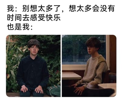 这是一张精准戳中当代人精神内耗痛点的梗图，采用图文结合的形式呈现。上方文字分为两个部分，第一部分是“我”对自己的劝解：“别想太多了，想太多会没有时间去感受快乐”，传递出想要摆脱精神内耗、追求快乐的心态；第二部分“也是我：”搭配下方两张英剧《去他*的世界》的剧照，左边的詹姆斯坐在户外长椅上，神情落寞、眼神放空，右边的詹姆斯坐在室内窗边，表情忧郁、状态低落，生动展现了很多人嘴上说着要放下内耗，实际却陷入低落沉思、难以自控的自我矛盾状态，将当代人言行不一的精神内耗场景具象化，引发共鸣。