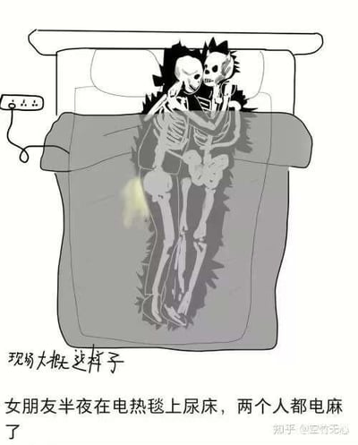 这是一张用夸张手法创作的搞笑梗图，画面展示了床上相拥的两个骷髅，盖着被子，床的一侧连接着插电的电热毯，被子下方还有一滩黄色液体代表尿床。图中配文“现场大概这样子”和“女朋友半夜在电热毯上尿床，两个人都电麻了”，用骷髅这种极端的视觉表现，调侃了尿床导致电热毯漏电，两人被电到的糗事，通过放大事件的严重程度来制造荒诞搞笑的效果，没有双关、谐音梗等内容，单纯以夸张画面博人一笑。