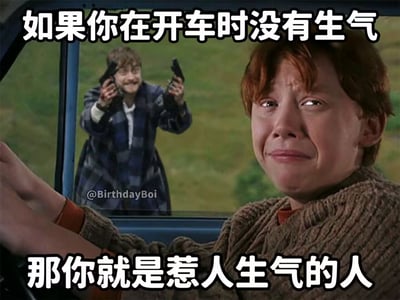 这是一张改编自哈利波特系列影视画面的搞笑梗图，前景是坐在汽车驾驶位的罗恩，表情委屈快要哭出来，车窗外的哈利双手举着枪对准车内方向，图片上方配文“如果你在开车时没有生气”，下方配文“那你就是惹人生气的人”，用夸张荒诞的画面调侃开车时很容易被其他交通参与者的行为激怒的普遍情况，暗指如果开车时完全没生气，那自己大概率就是那个不守交规、影响其他司机驾驶的人。