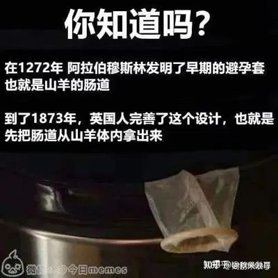 这是一张图文混排的搞笑梗图，上方以科普的语气讲述关于早期避孕套的内容：1272年阿拉伯穆斯林用山羊肠道发明早期避孕套，1873年英国人完善该设计，内容却是“先把肠道从山羊体内拿出来”，下方搭配了一个类似山羊肠道制作的套状物品的图片。这个内容玩了反差梗，所谓的“完善”只是最基础的步骤，并没有实际的技术优化，用一本正经的科普语气讲无厘头的内容，制造出搞笑的效果。