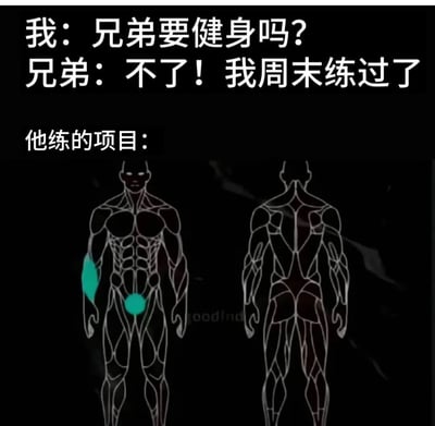 这是一张幽默梗图，上方是对话文字：“我：兄弟要健身吗？兄弟：不了！我周末练过了”，下方标注“他练的项目：”并配有两张人体肌肉解剖示意图，正面图的右臂和髋部有绿色高亮，侧面图无高亮，通过夸张对比调侃部分人所谓的“健身”可能只是象征性地锻炼了极小部位。