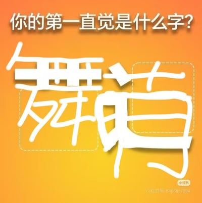 这是一张趣味视觉测试类静态单图，背景为橙到黄的渐变底色，顶部有白色文字提问“你的第一直觉是什么字?”，画面主体是白色手绘线条组成的重叠合体汉字，“舞”和“苒”两个字分别被虚线框出，二者重叠组合后可被识别出不同汉字，用来测试观看者第一反应识别出的汉字内容，图右下角带有小红书平台水印和小红书账号ID信息。