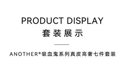 这是一张用于产品宣传的纯文字静态图，整体为白底黑字，排版简洁清晰。图中最上方是英文“PRODUCT DISPLAY”，中间是中文“套装展示”作为标题，下方标注了具体产品为“ANOTHER®吸血鬼系列真皮高奢七件套装”，明确展示了产品的品牌、系列和定位，旨在向消费者介绍该高端真皮套装产品。