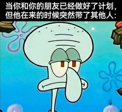 图片上方配有文字'当你和你的朋友已经做好了计划，但他在来的时候突然带了其他人：'，下方是《海绵宝宝》中的角色章鱼哥，他眉头紧锁，双臂交叉，表情明显不悦，眼神中透露出无奈和嫌弃，完美诠释了计划被打乱时的不爽心情。