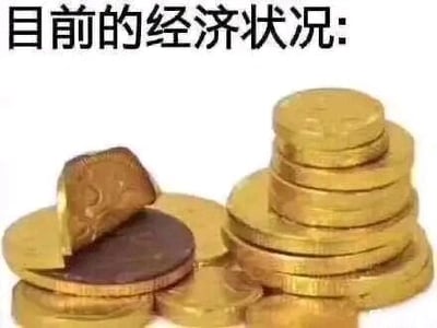 这是一张文字加注类的静态单图，顶部配有黑色文字“目前的经济状况:”，下方展示了两堆形成鲜明对比的金币：右侧是堆叠得整齐且数量较多的金币堆，代表着优渥的经济状态；左侧则是零散分布、数量稀少且有一枚金币歪斜翘起的小堆，用来象征拮据、窘迫的经济情况。整张图通过金币堆的视觉差异，以幽默、形象的方式调侃当下部分人或群体的经济状态，既可以用来自嘲，也可以用来调侃身边人的经济情况，充满了网络趣味梗的特点。