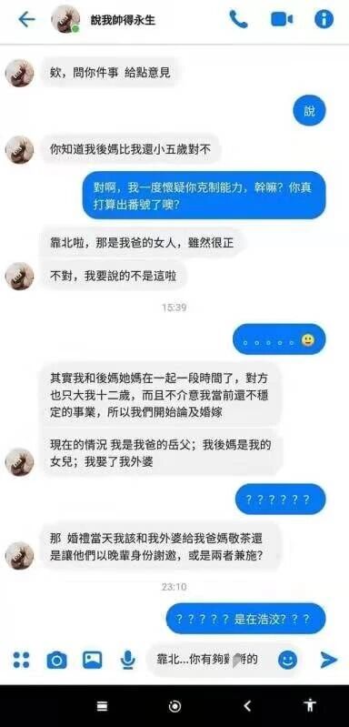 这是一张竖屏的即时通讯软件聊天记录截图，展示了一段充满荒诞喜剧效果的虚构对话。用户“说我帅得永生”先以“后母比自己小五岁”为引子，随后抛出更离谱的信息：自己与后母的母亲相恋并打算结婚，由此形成了混乱的亲属关系——自己成了父亲的岳父，后母成了自己的女儿，自己要娶的是自己的“外婆”，最后他还认真询问婚礼上的敬茶礼仪问题。对话的另一方全程以疑惑、震惊的语气回应，对话的荒诞感拉满，属于刻意创作的搞笑段子类内容。
