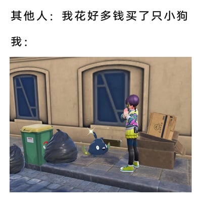 这是一张反差感拉满的梗图，上方用文字分为两个部分，“其他人：我花好多钱买了只小狗”代表现实中人们花钱购买宠物的行为，而“我：”对应的是游戏《宝可梦朱紫》的截图，画面里紫发的玩家角色站在垃圾桶、垃圾袋和纸箱旁边，对着一只刚出现、带有闪光特效的宝可梦（炭小侍）双手合十，仿佛是将这只从垃圾区域出现的宝可梦当作自己的“宠物”。通过现实中花钱买宠物和游戏里免费在垃圾区域“捡”宝可梦的反差，调侃了自己“低成本拥有宠物”的趣味状态，也贴合了宝可梦游戏里玩家可以在各种区域遇到宝可梦的设定，充满趣味性。