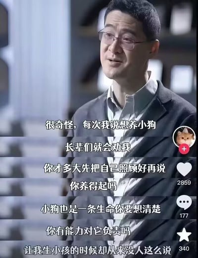 这张图配有一段犀利的评论，吐槽当人想养小狗时，大人们会以各种理由反对，比如“你先把自己照顾好再说”“你养得起吗”“小狗也是一条生命你要想清楚”以及“你有能力对它负责吗”，但当你长大想要生小孩时，却没人用同样的标准去提醒。内容既有现实讽刺，也引发对责任心和传统观念的思考。适合用来吐槽生活中的双标现象，带点无奈和幽默。

此梗对现实责任意识与社会观念有明显嘲讽意味，属于典型的网络双关梗，把养宠物和生小孩的社会话题做了同场比较。