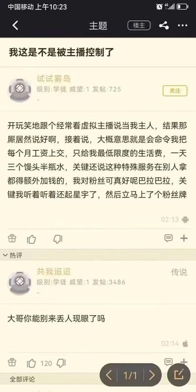 论坛用户"试试雾岛"发布的帖子截图，内容描述自己与虚拟主播的有趣互动：开玩笑称对方为主人，结果主播顺水推舟表示要控制其工资并提供最低限度生活保障，用户称自己听后竟产生好感并立即购买粉丝牌。热评用户"共我迢迢"则评论"大哥你能别来丢人现眼了吗"，形成幽默反差。