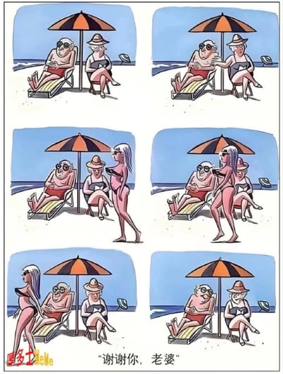 这是一组六格连环卡通漫画，讲述了海滩上的趣味日常：
1. 老年夫妻在海滩遮阳伞下，老头躺椅休息，老婆坐着看书；
2. 老婆碰了碰老头，似乎在示意什么；
3. 一位穿比基尼的辣妹从旁边走过，老头立刻直起身子紧盯不放；
4. 辣妹从老头面前走过，老婆在一旁淡定观察老头的反应；
5. 辣妹走远，老头还恋恋不舍地望着她的背影；
6. 老头回过头，笑着对老婆说“谢谢你，老婆”，原来这是老婆特意安排的小惊喜，用反差感满满的情节制造出温馨又搞笑的效果。漫画没有双关或谐音梗，靠生活化的情节反差逗乐读者。