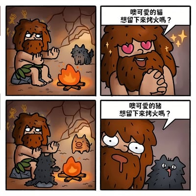 四格连环漫画描绘原始人的双标行为：第一格中原始人坐在洞穴篝火旁，面对走近的黑猫面露谨慎；第二格他瞬间变成爱心眼，热情询问黑猫“想留下来烤火吗？”；第三格一只小猪飞向篝火，原始人仍保持谨慎姿态，黑猫已坐在他身旁；第四格原始人眼睛瞪圆、口水直流，用同样句式问小猪“想留下来烤火吗？”。通过“烤火”一词的双关制造笑点——对猫是字面意思，对猪则暗示烹饪意图。