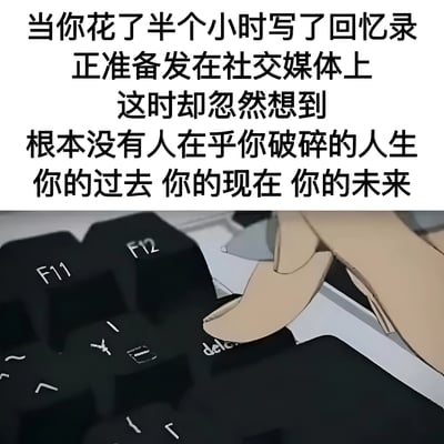 图片上半部分为黑色文字，内容描述：当你花了半个小时写了回忆录，正准备发在社交媒体上，这时却忽然想到根本没有人在乎你破碎的人生，你的过去、现在和未来。下半部分是一幅插画，展示了一只手的手指悬停在键盘的“delete”（删除）键上方，暗示想要删除刚刚写好的内容。整体通过文字与画面结合，表达了在社交媒体上分享个人经历前突然产生的自我怀疑和失落情绪。