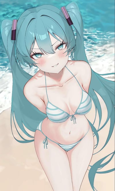这是一幅以虚拟歌手初音未来为主题的AI生成插画，初音未来身着浅蓝白条纹比基尼，身处海边沙滩场景中，脸颊泛红，带着羞涩又俏皮的表情身体前倾看向镜头，背景是翻涌着白色浪花的碧蓝海水，整体画面充满清新的夏日氛围，没有双关、谐音梗或暗示类内容。
