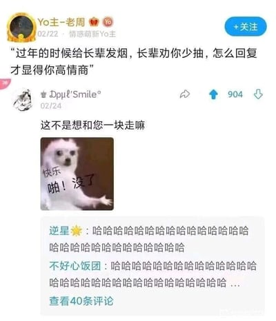 这是一张社交媒体平台的趣味互动截图，楼主「Yo主-老周」于2月22日发布提问：“过年的时候给长辈发烟，长辈劝你少抽，怎么回复才显得你高情商”，用户「Дρμl'Smile°」在2月24日给出了一条玩谐音双关梗的回复：“这不是想和您一块走嘛”，这里的“一块走”是双关，既可以指和长辈一起抽烟（部分地区将抽烟称为“走烟”），又有字面的“一起离世”的意思，用这种反差感制造出荒诞搞笑的效果，同时搭配了一张配文“快乐啪！没了”的摊手狗狗表情包，进一步强化了笑点。评论区的网友都用一连串的“哈哈”来表达对这个搞笑回复的认可，还有40条更多评论可以查看。