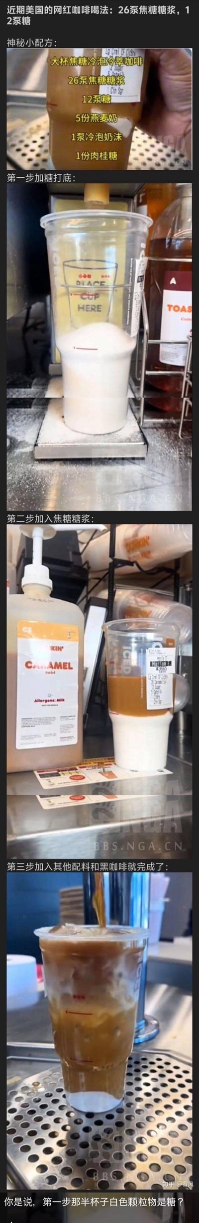 这是一组展示美国网红款超甜焦糖冷萃咖啡制作过程的分步图文教程，这款咖啡的配料用量十分夸张，包含26泵焦糖糖浆、12泵糖、5份燕麦奶等大量甜口配料。图中分为三个步骤依次展示：第一步在杯中加入半杯糖打底，第二步加入大量焦糖糖浆，第三步添加其余配料和黑咖啡完成制作，底部还有网友对第一步的半杯糖发出的惊讶疑问。