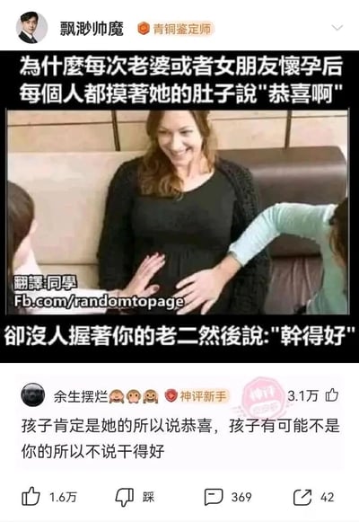 这是一张来自社交平台的竖屏截图，整体分为上下两个部分。上半部分是一个搭配实拍图的搞笑段子，图中一位面带笑容的孕妇坐在沙发上，两侧各有一人伸手触摸她的腹部；段子文字吐槽道：“为什么每次老婆或者女朋友怀孕后，每个人都摸着她的肚子说‘恭喜啊’，却没人握着你的老二然后说：‘干得好’”，图片下方还有标注“翻译:同学 Fb.com/randomtopage”的水印。下半部分是该帖子的高赞神评，用户“余生摆烂”评论：“孩子肯定是她的所以说恭喜，孩子有可能不是你的所以不说干得好”，这条评论被标注了“神评”标识，获得了3.1万点赞、1.6万顶、369条评论以及42次转发，评论者还带有“神评新手”的标识。整个内容用反差感的吐槽和扎心的神评制造笑点，调侃了当下网络中关于亲子关系的敏感话题。