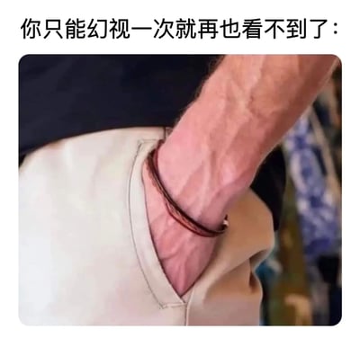 这是一张利用视觉错位打造的趣味图片，图中一只手腕放入浅色裤袋中，裤袋的边缘线条、手腕凸起的血管以及手腕上的细手链，在视觉上组合成了“手腕被绳圈勒住”的错觉效果。图片上方配有文字“你只能幻视一次就再也看不到了”，当观者识破这个视觉陷阱后，就很难再产生最初的错觉，这类图片常被用来在社交平台上分享奇妙的视觉体验，引发观者的趣味讨论。